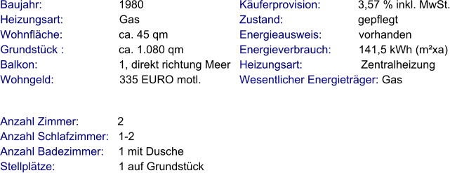 Anzahl Zimmer:            2 Anzahl Schlafzimmer:   1-2  Anzahl Badezimmer:     1 mit Dusche   Stellplätze:                     1 auf Grundstück Baujahr:                         1980  Heizungsart:                  Gas Wohnfläche:                  ca. 45 qm Grundstück :                 ca. 1.080 qm Balkon:                          1, direkt richtung Meer Wohngeld:                     335 EURO motl.   Käuferprovision:            3,57 % inkl. MwSt. Zustand:                        gepflegt Energieausweis:            vorhanden Energieverbrauch:         141,5 kWh (m²xa) Heizungsart:                   Zentralheizung Wesentlicher Energieträger: Gas